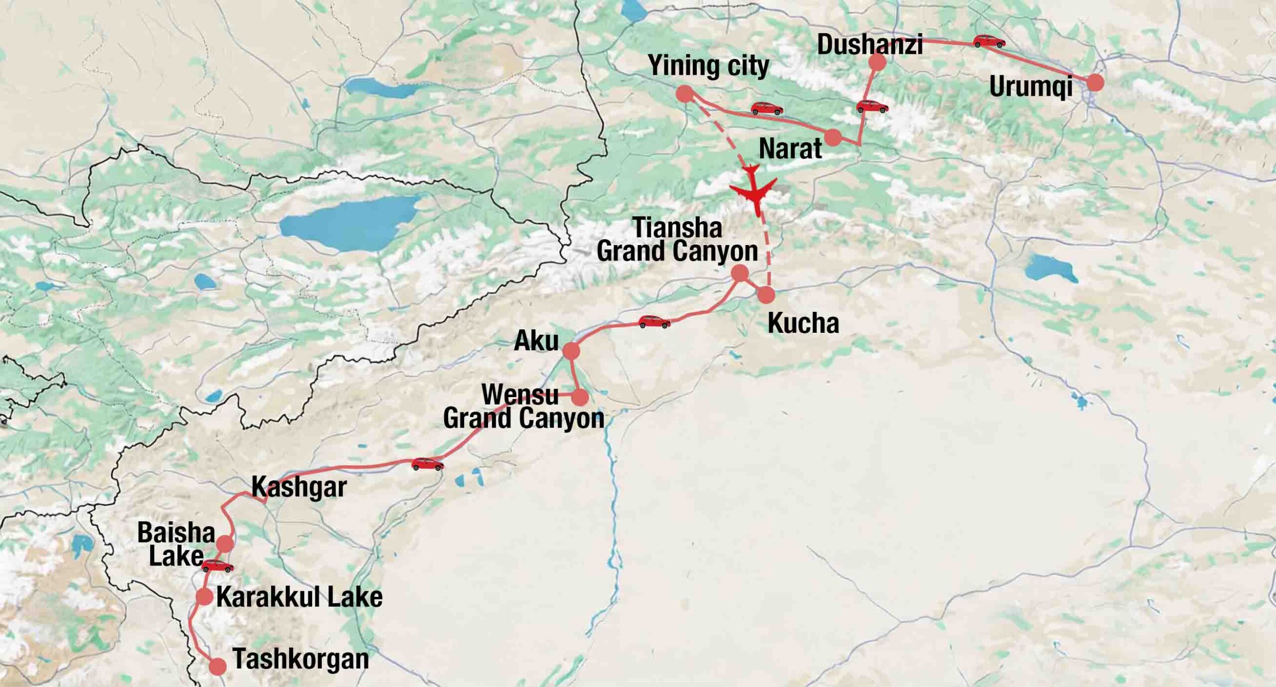 Route map for 12-Day North and South Xinjiang Adventure Tour